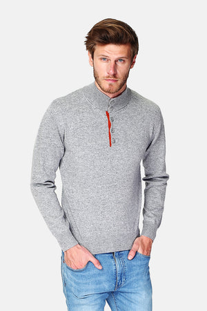 Two-tone buttoned long-sleeved 2-ply trucker neck sweater
