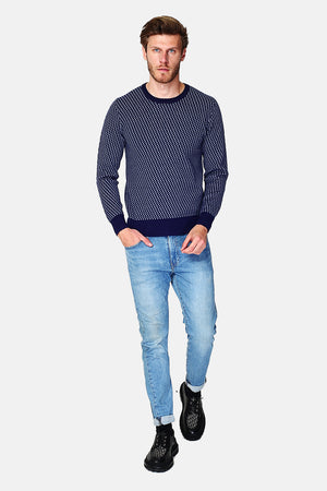Pin check knit crewneck sweater with long sleeves