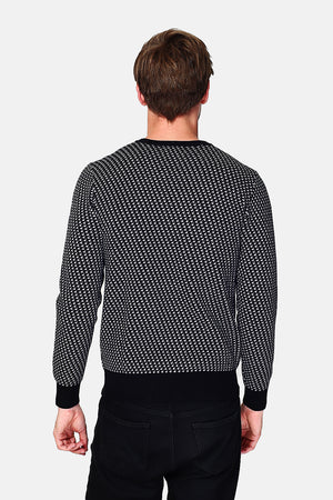 Pin check knit crewneck sweater with long sleeves