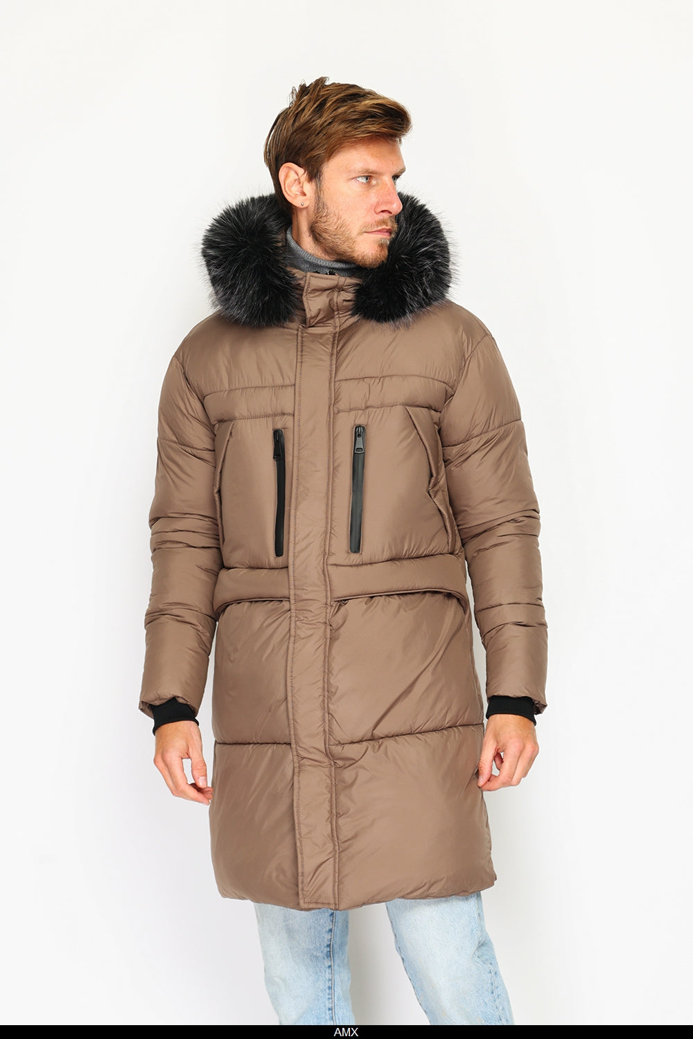 Long down jacket with thermal insulation up to -20°C, with removable fur hood, multi pockets, long sleeves, elasticated cuffs