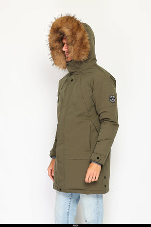 Semi-long waterproof down jacket with thermal insulation up to -20°C, with removable fur hood, multi pockets, long sleeves, adjustable cuffs