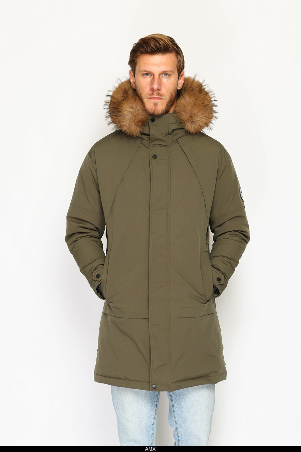 Semi-long waterproof down jacket with thermal insulation up to -20°C, with removable fur hood, multi pockets, long sleeves, adjustable cuffs