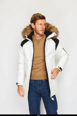 Semi-long waterproof bi-color down jacket with thermal insulation up to -20°C, with removable fur hood, multi-pockets, long sleeves, adjustable cuffs