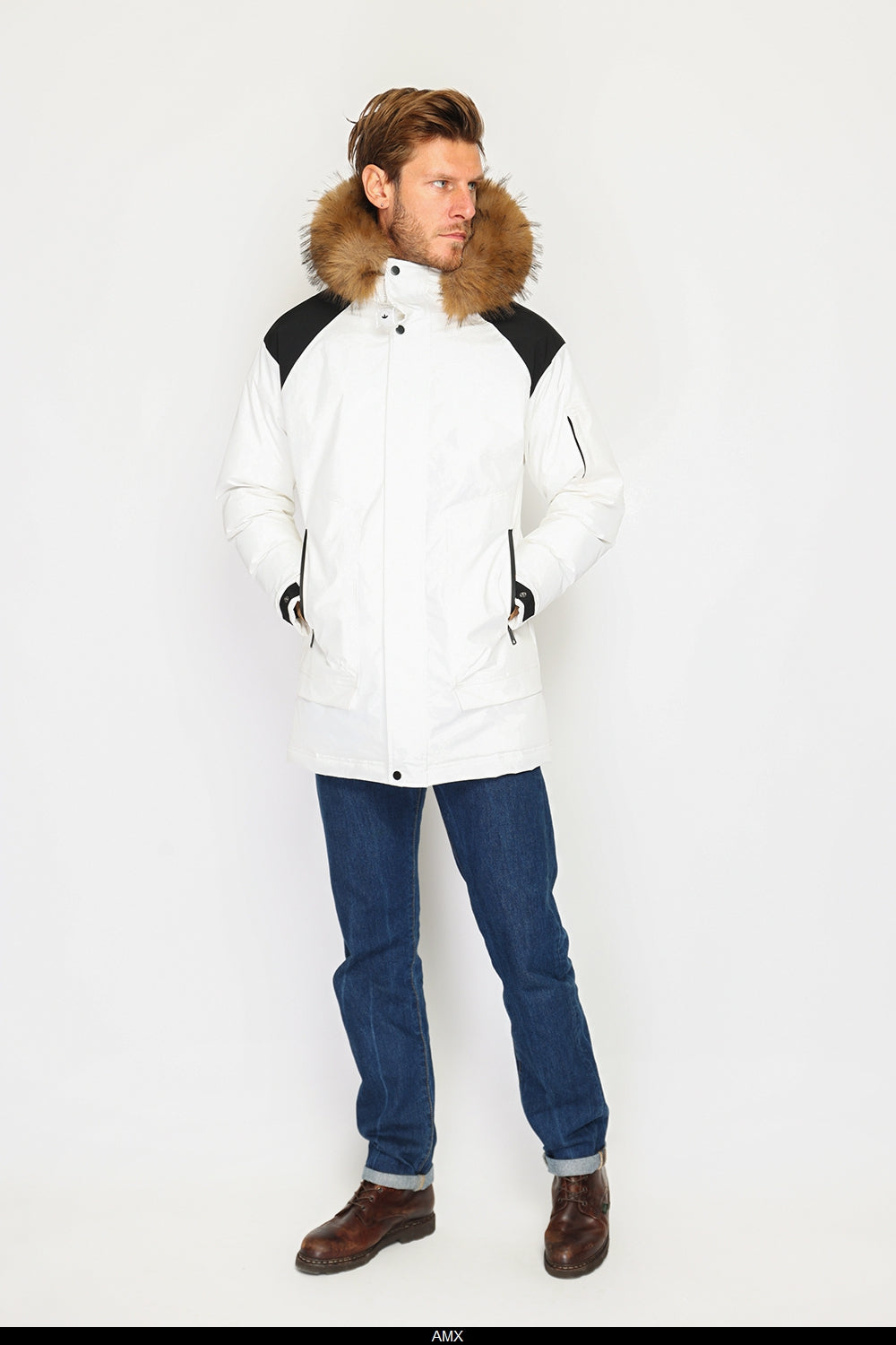 Semi-long waterproof bi-color down jacket with thermal insulation up to -20°C, with removable fur hood, multi-pockets, long sleeves, adjustable cuffs