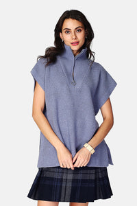 High neck poncho sweater closed with a zip, fancy knit