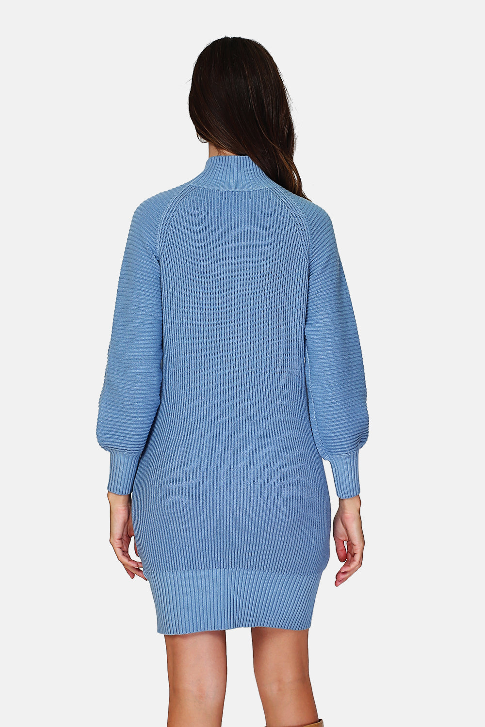 Fancy knit high neck dress with slightly puffed long sleeves