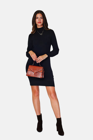 Fancy knit high neck dress with slightly puffed long sleeves