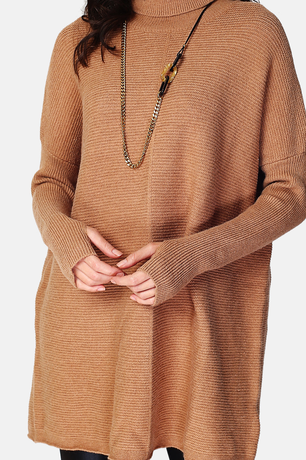 Asymmetrical turtleneck dress in English rib with long sleeves