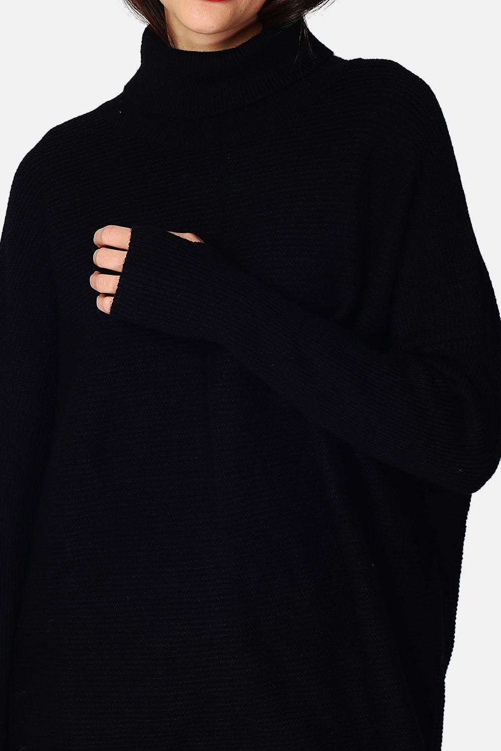 Asymmetrical turtleneck dress in English rib with long sleeves