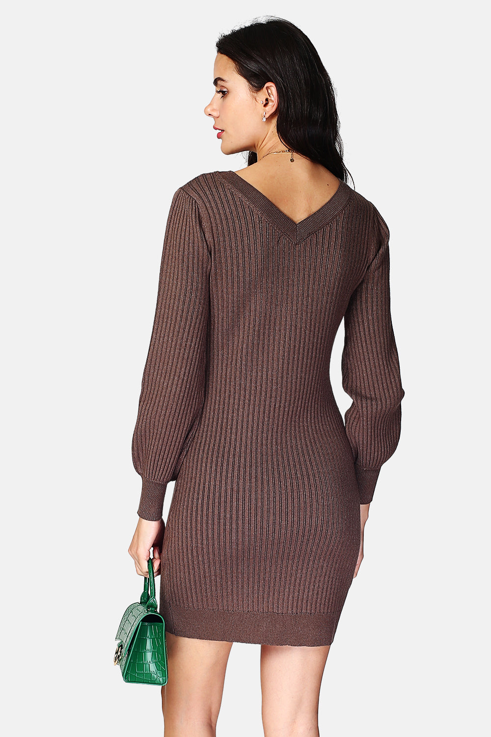 Loose-fit ribbed midi dress with V-neck in front and back with long, slightly puffy sleeves