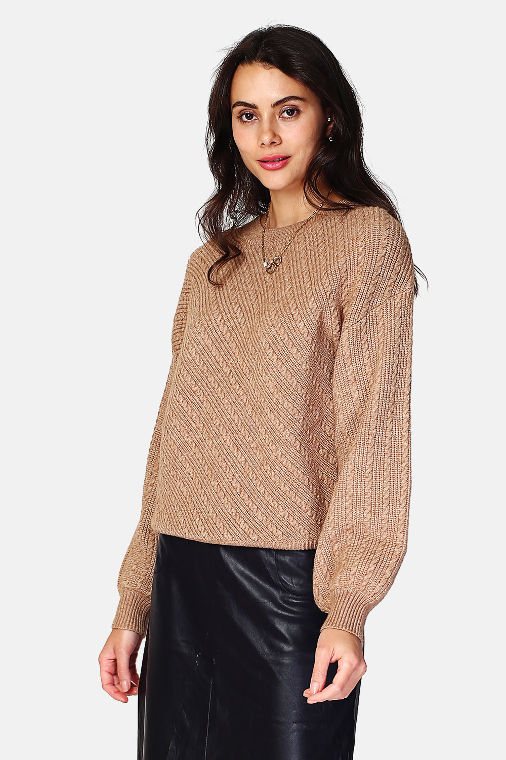 Fancy knit round neck sweater with slightly balloon long sleeves