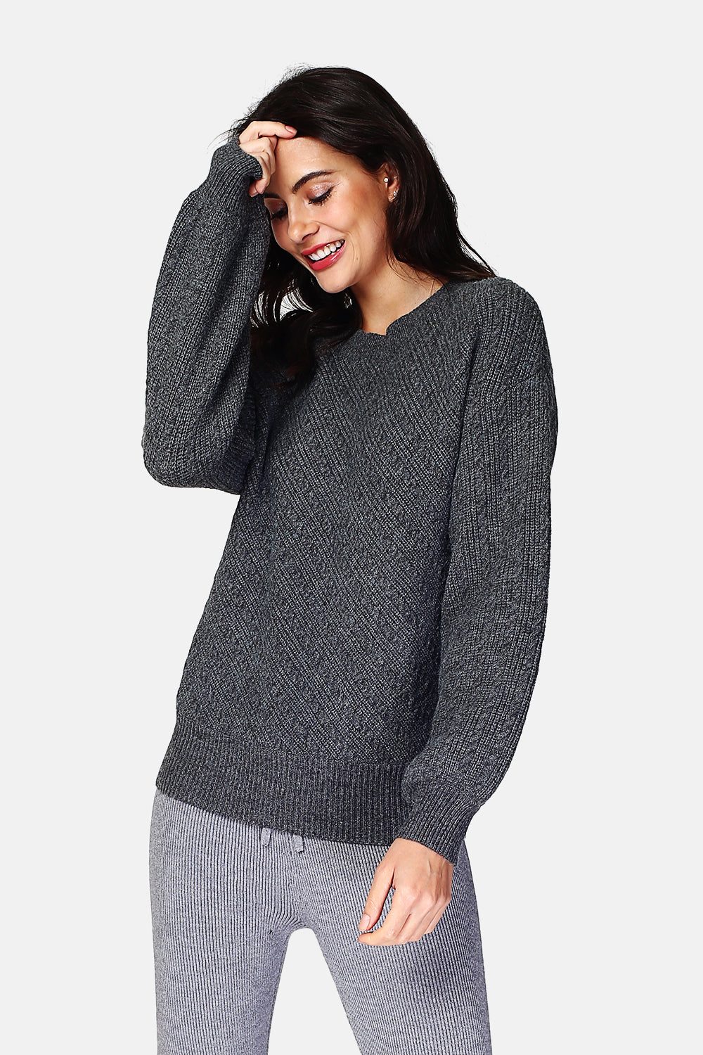 Fancy knit round neck sweater with slightly balloon long sleeves