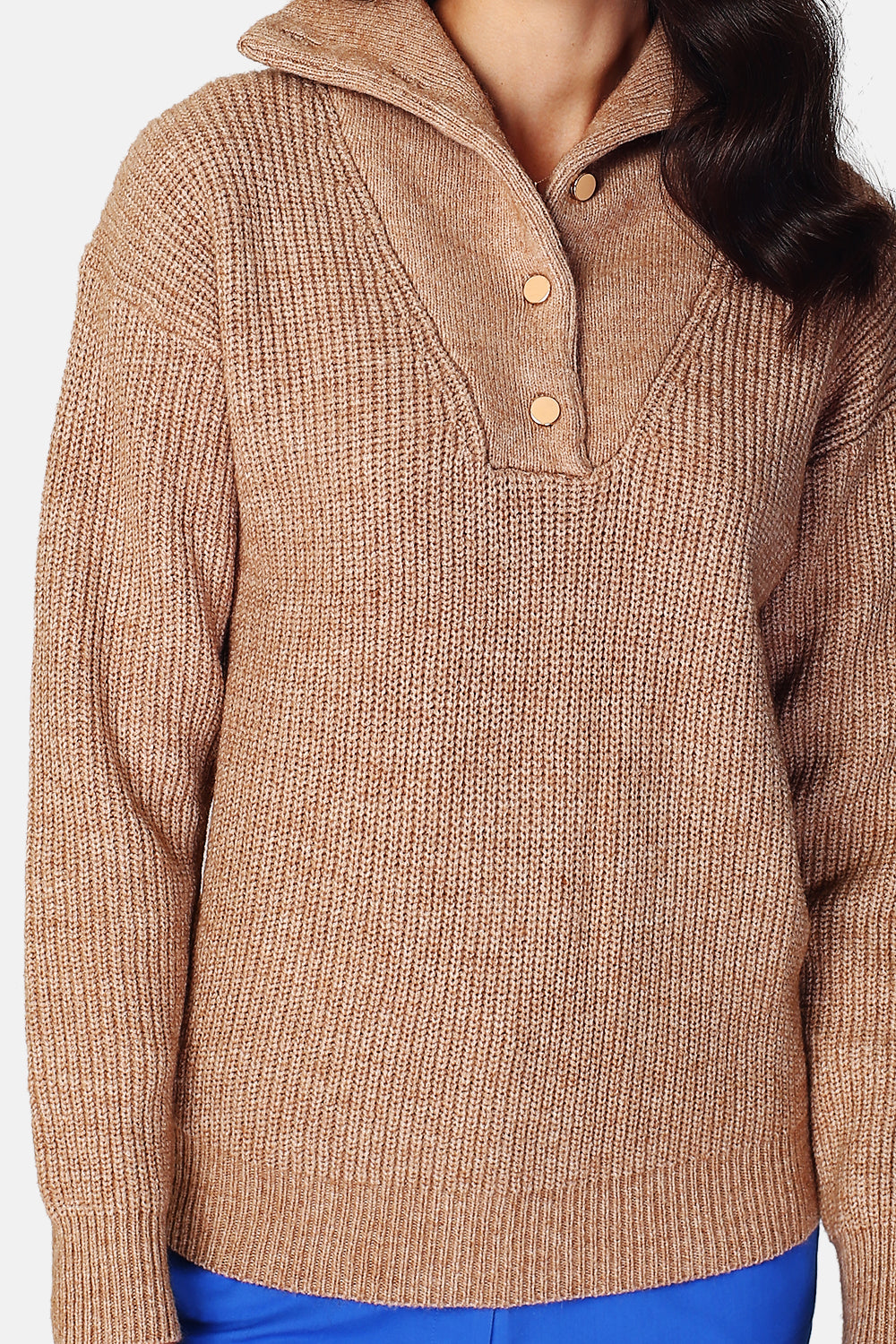 High neck sweater closed by a button placket in beaded rib knit with long sleeves