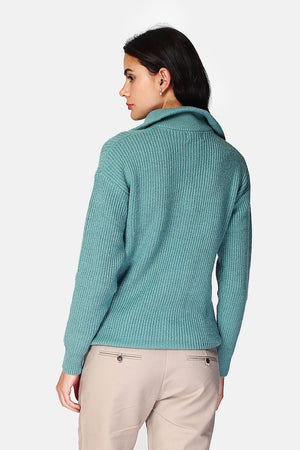 High neck sweater closed by a button placket in beaded rib knit with long sleeves