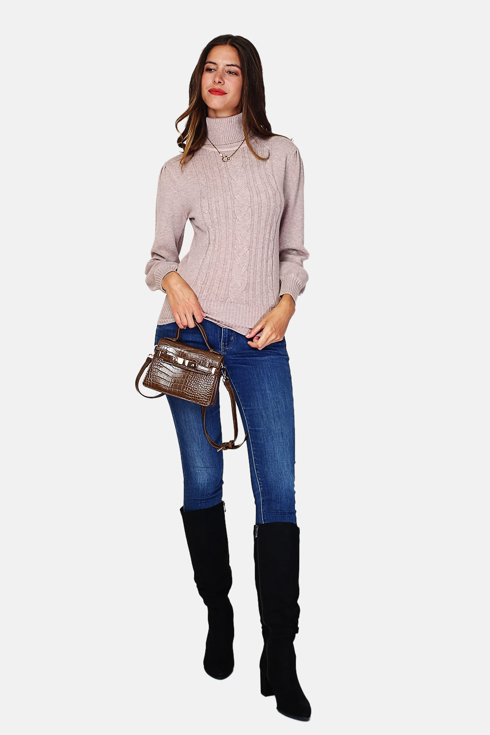 Turtleneck long-sleeved fancy knit sweater in front