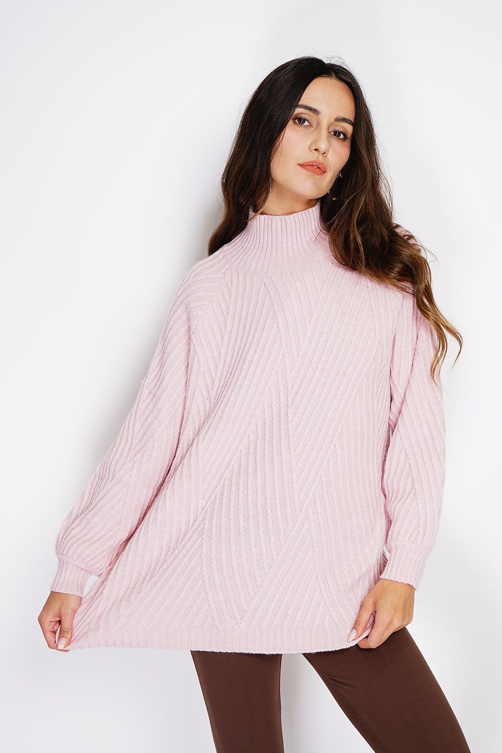 High-neck fancy knit tunic with long sleeves