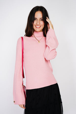 High-neck ribbed sweater with buttons on long sleeves