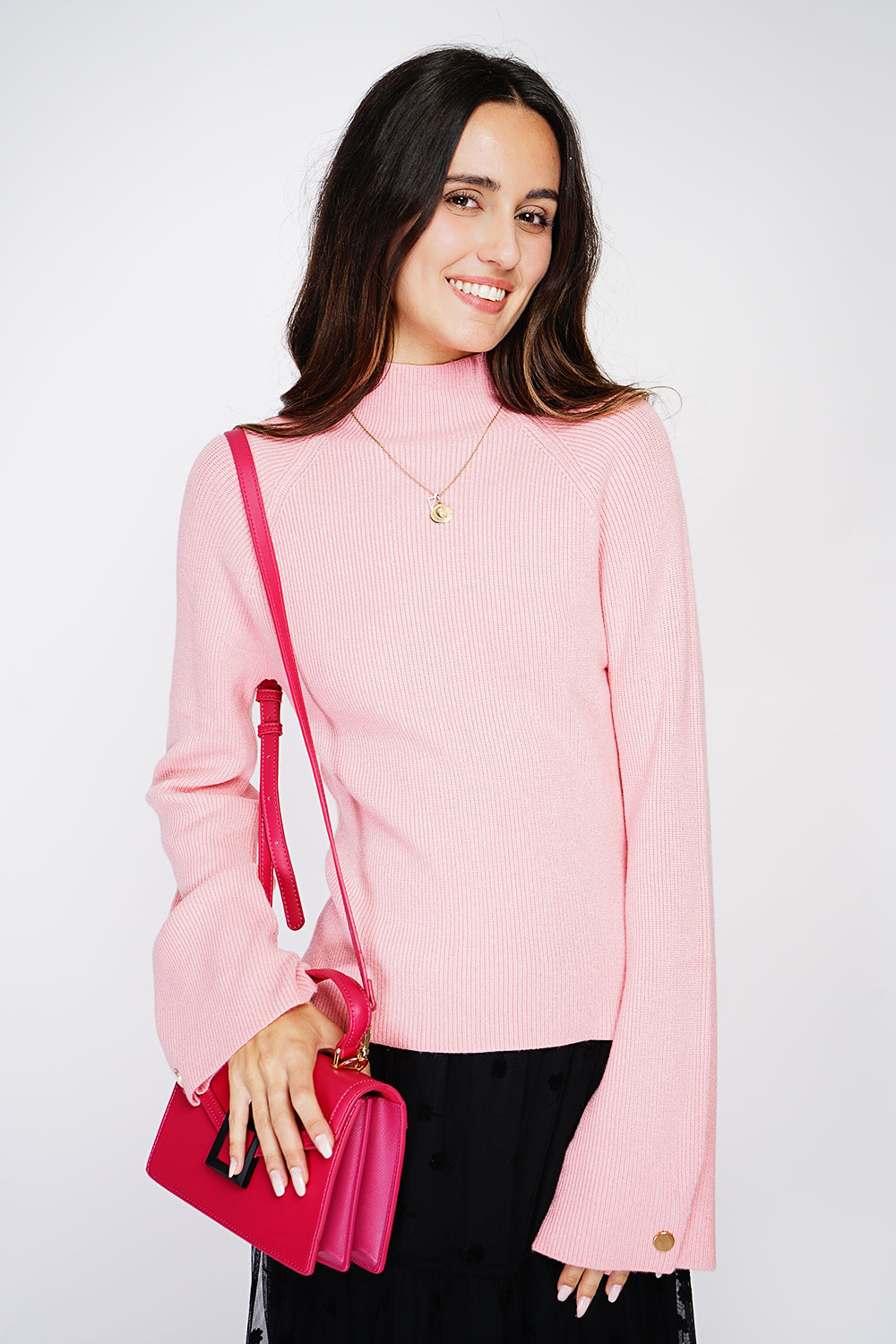 Pull col montant côtelé manches boutonnées – Rose Barbie – C&Jo