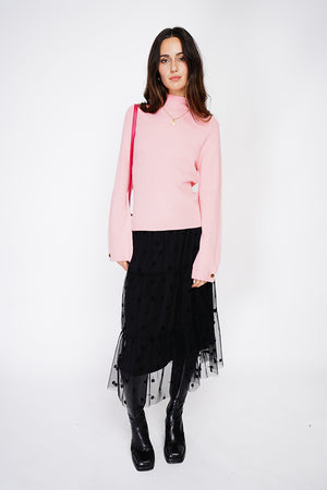 High-neck ribbed sweater with buttons on long sleeves