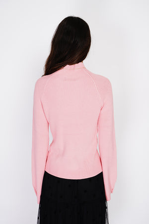 High-neck ribbed sweater with buttons on long sleeves