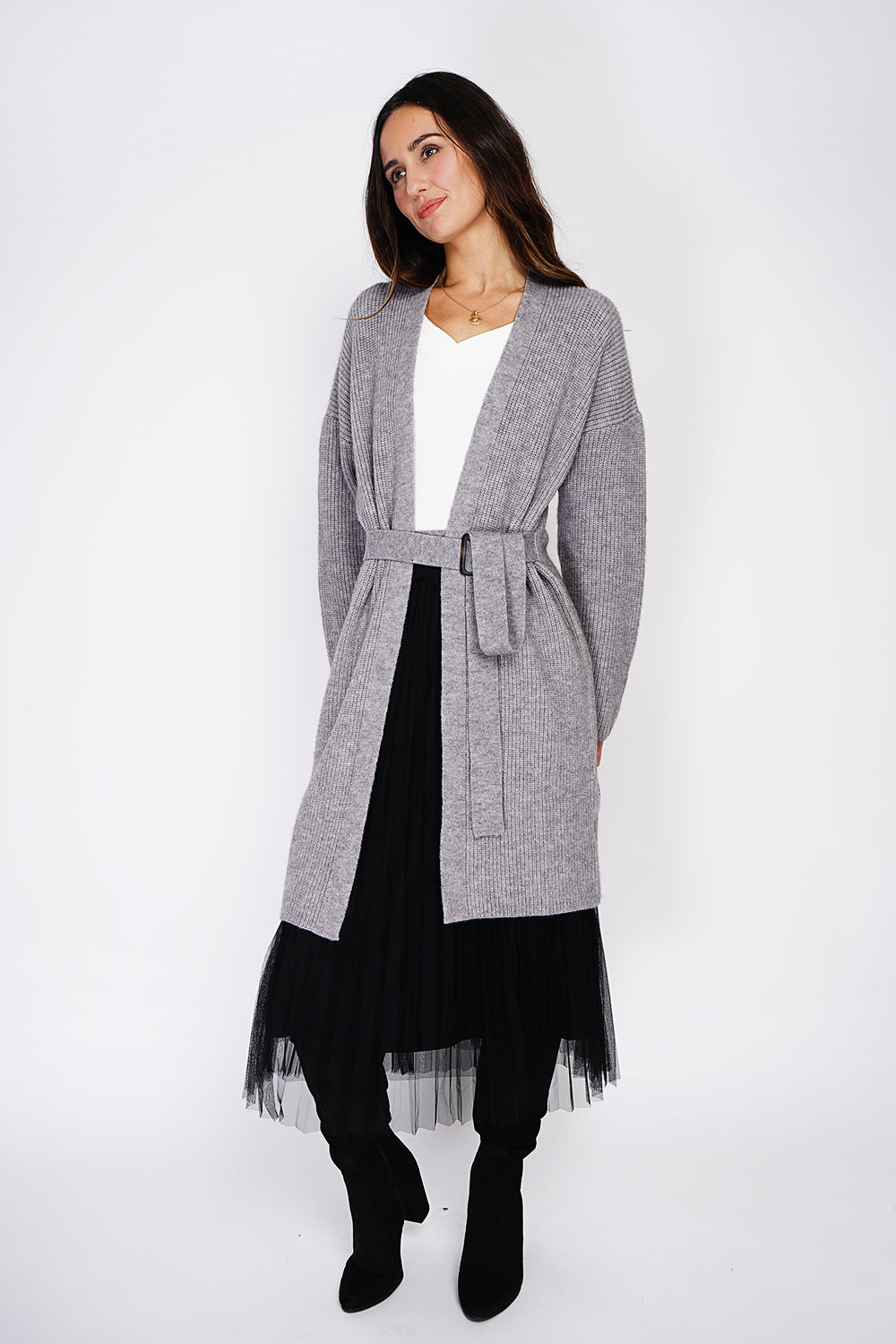 Mid-length V-neck cardigan with fancy buckle belt – Grey – C&Jo