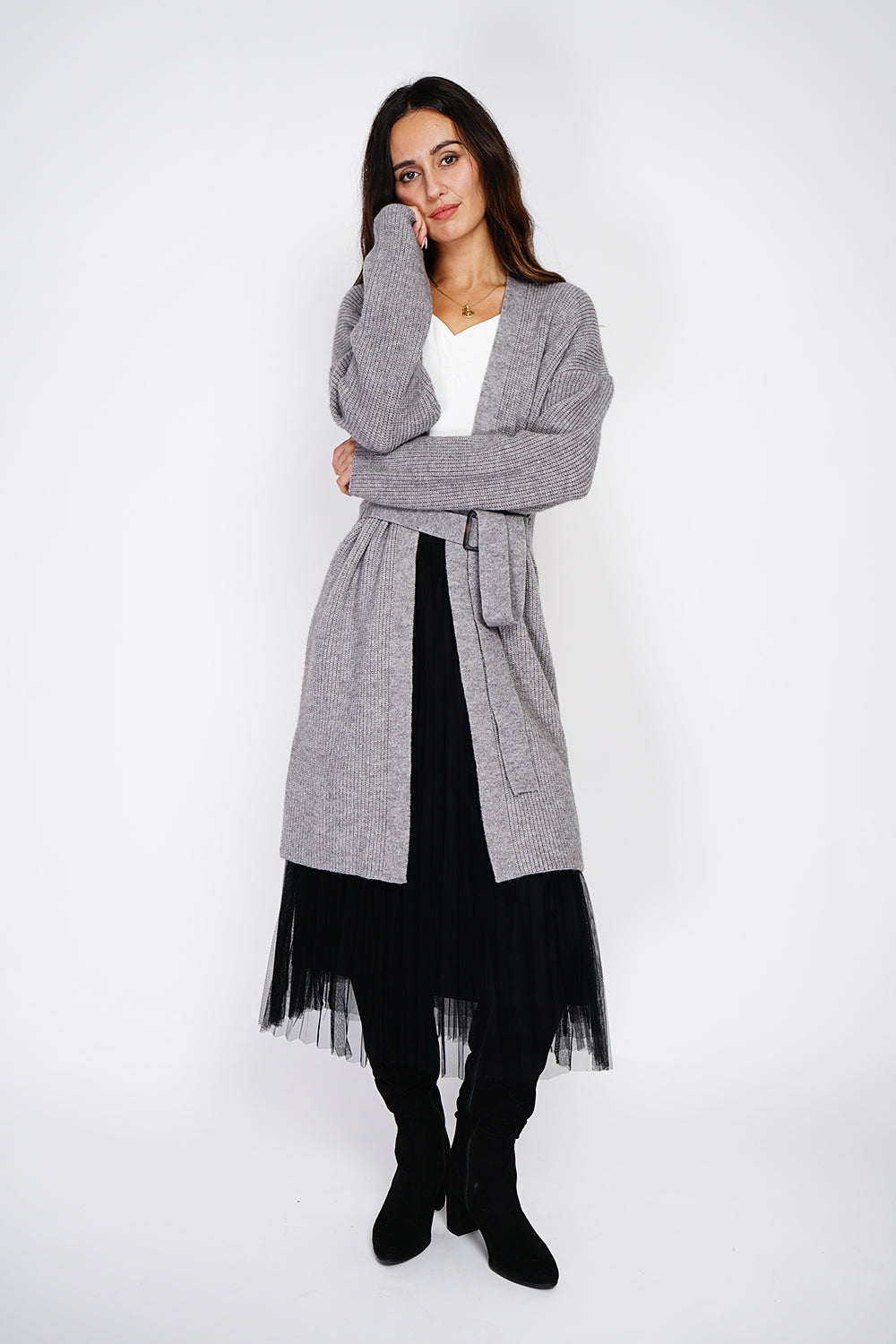 Mid-length V-neck cardigan with fancy buckle belt – Grey – C&Jo