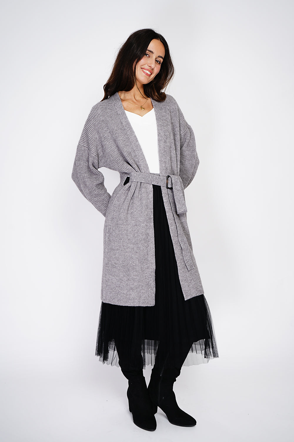 Mid-length V-neck cardigan with fancy buckle belt – Grey – C&Jo