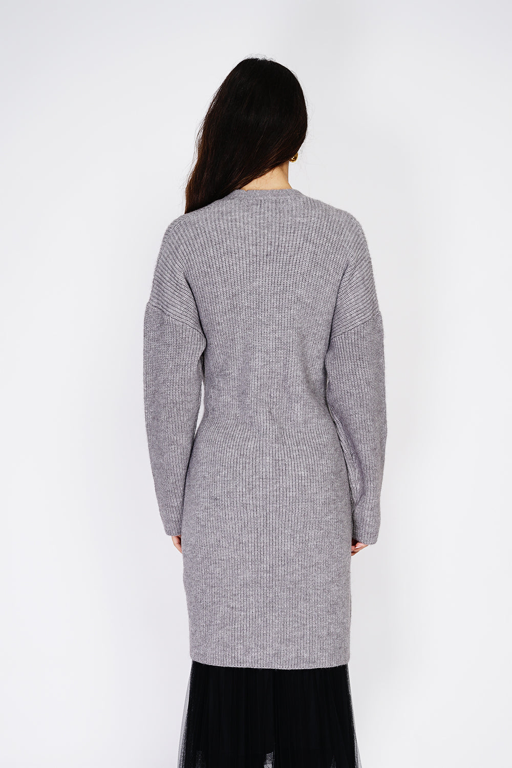 Mid-length V-neck cardigan with fancy buckle belt – Grey – C&Jo