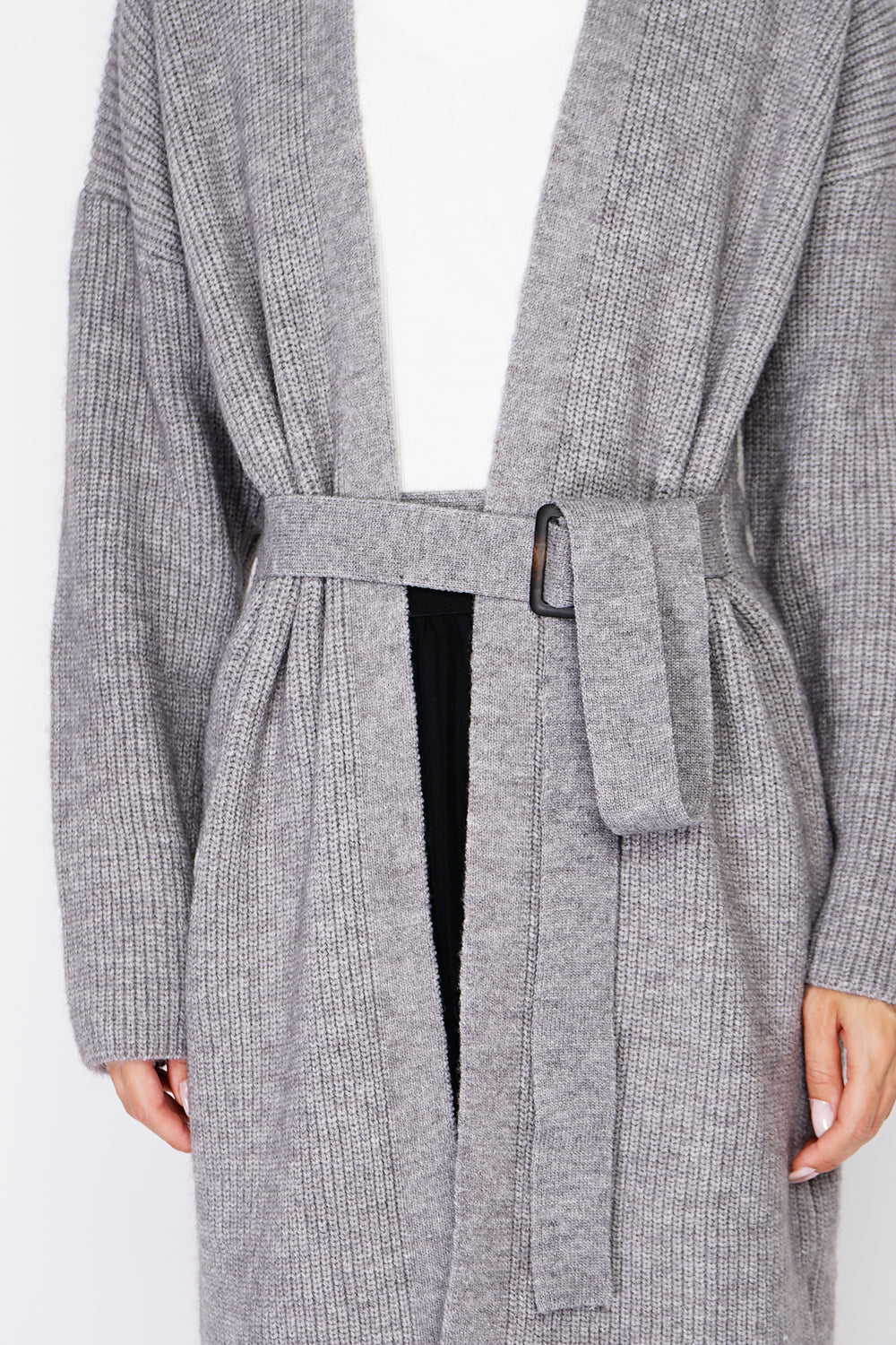 Mid-length V-neck cardigan with fancy buckle belt – Grey – C&Jo
