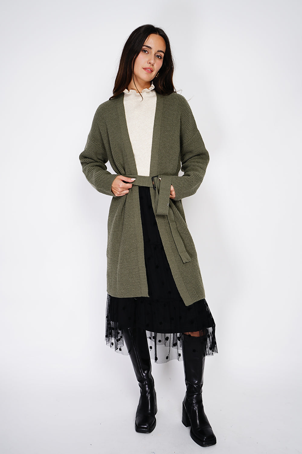 Mid-length V-neck cardigan with fancy buckle belt – Khaki – C&Jo