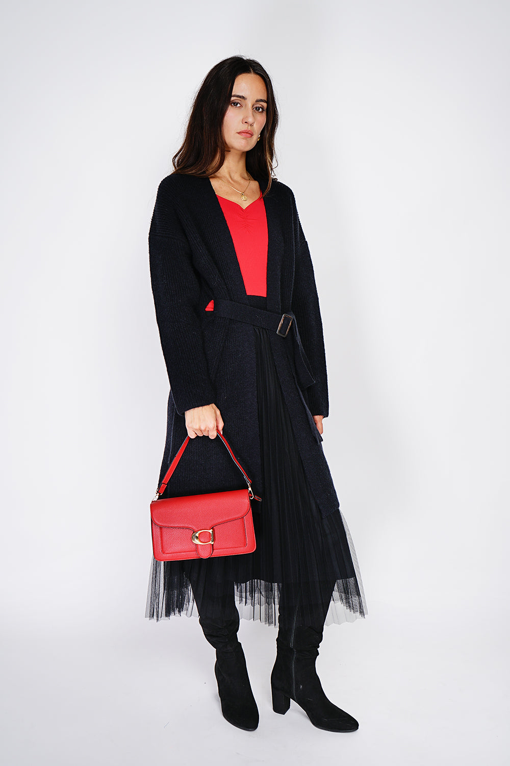 Gilet mi-long col V ceinture à boucle – Noir – C&Jo