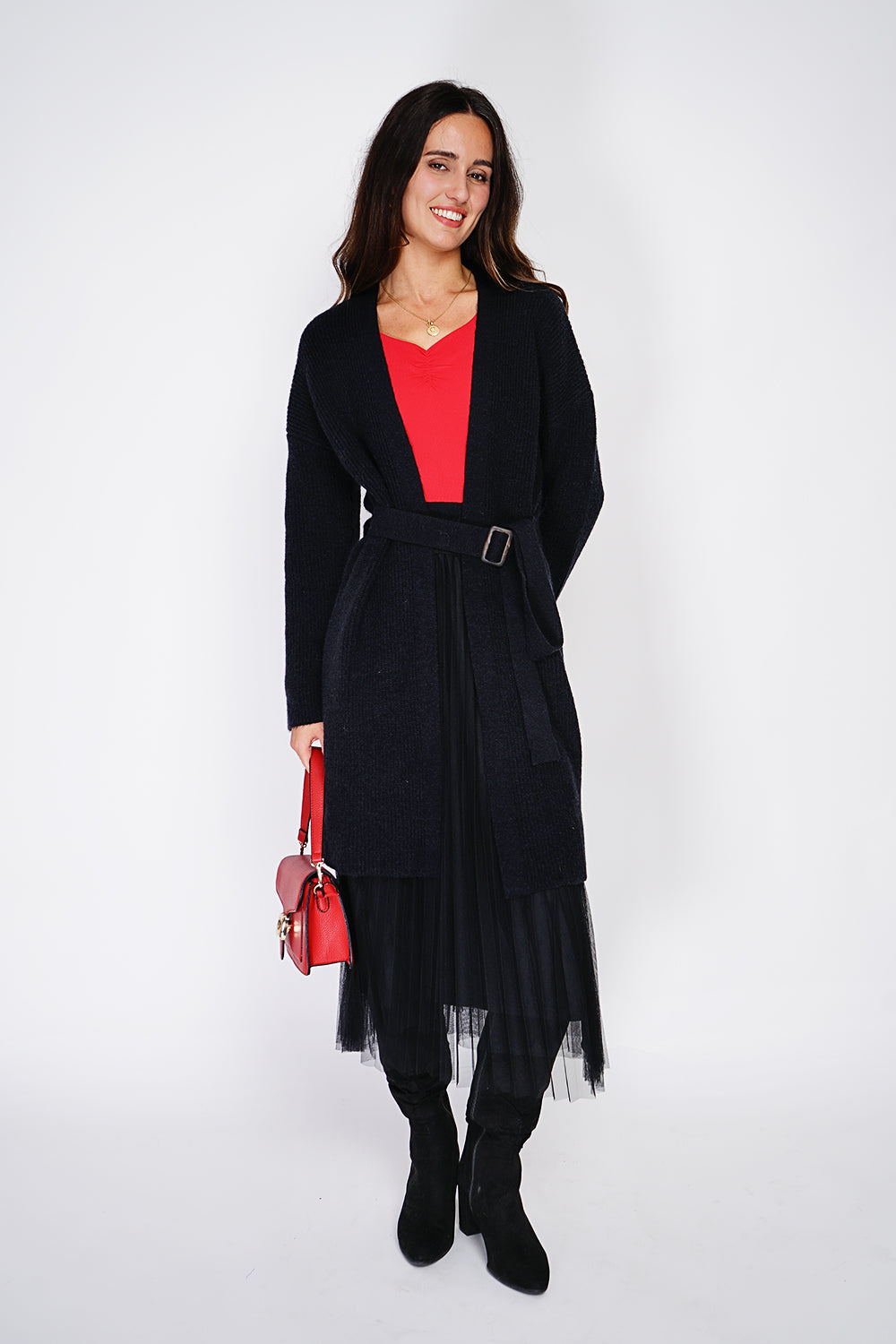 Gilet mi-long col V ceinture à boucle – Noir – C&Jo