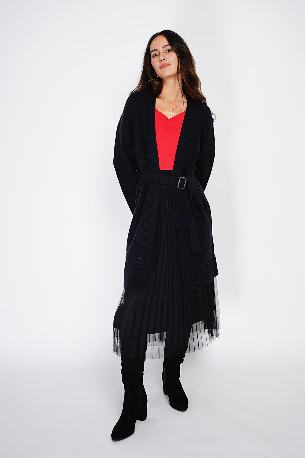 Gilet mi-long col V ceinture à boucle – Noir – C&Jo