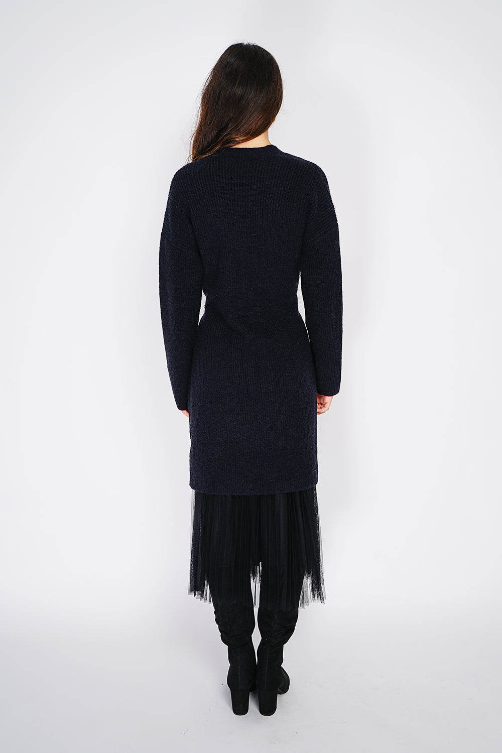 Gilet mi-long col V ceinture à boucle – Noir – C&Jo