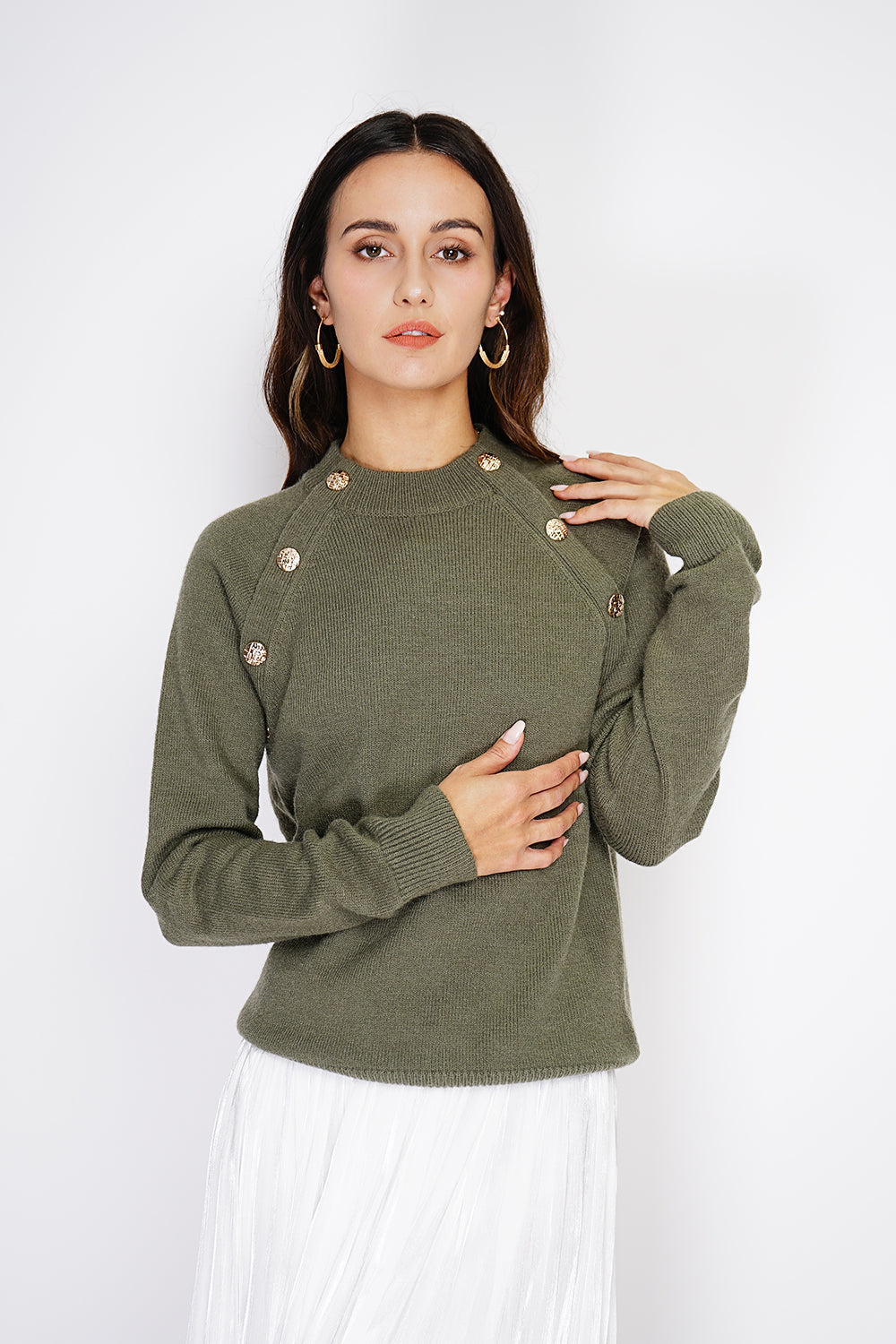 Fancy buttoned ribbed cardigan with large collar – Khaki – C&Jo