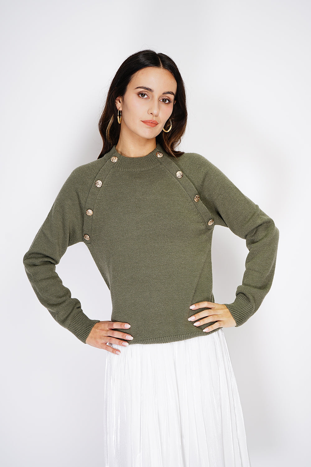 Fancy buttoned ribbed cardigan with large collar – Khaki – C&Jo