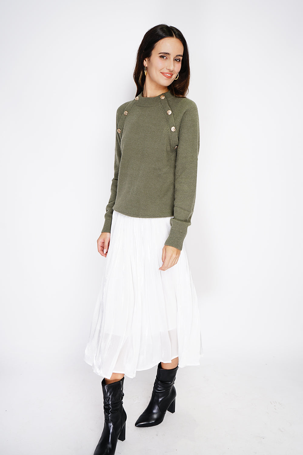 Fancy buttoned ribbed cardigan with large collar – Khaki – C&Jo