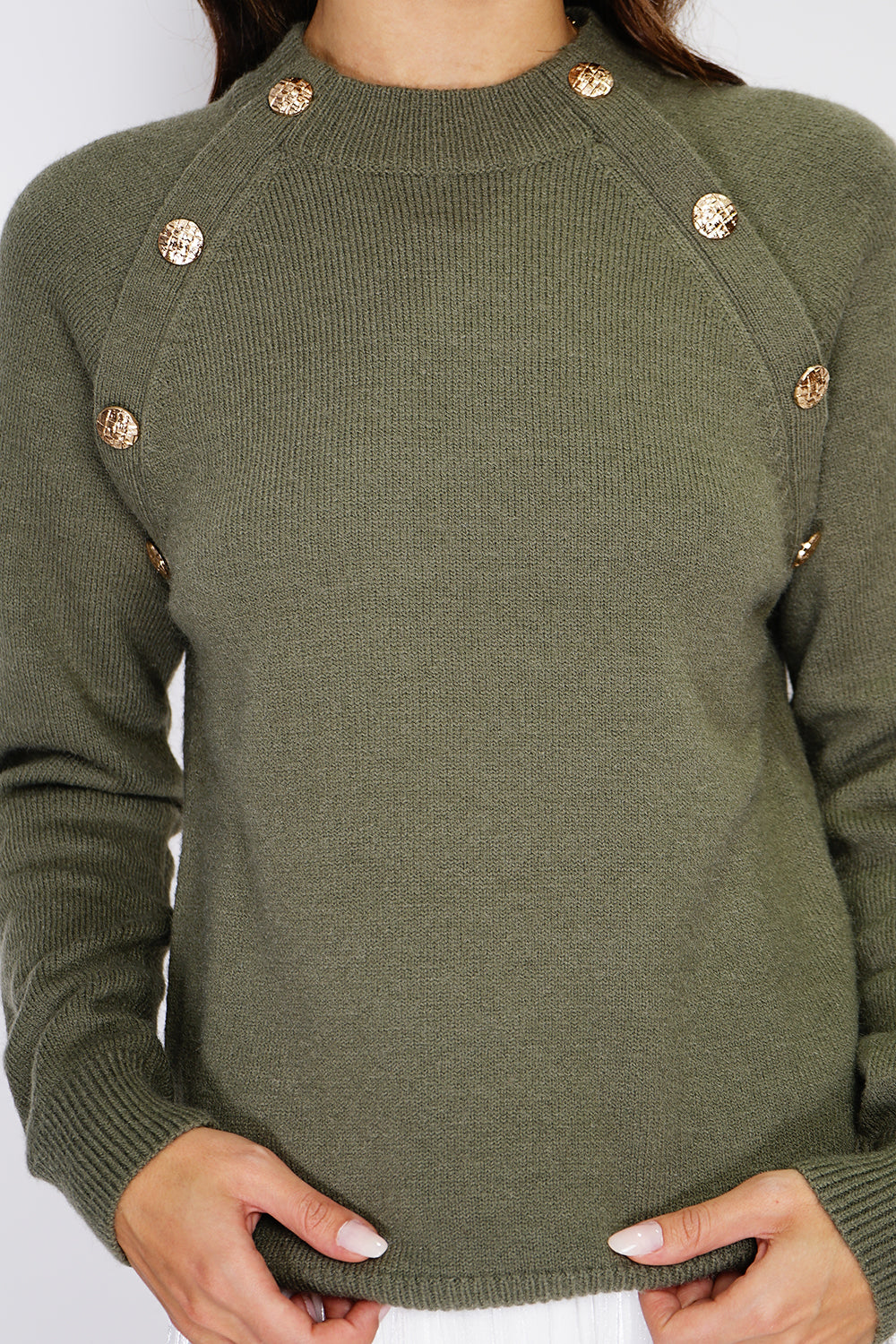 Fancy buttoned ribbed cardigan with large collar – Khaki – C&Jo