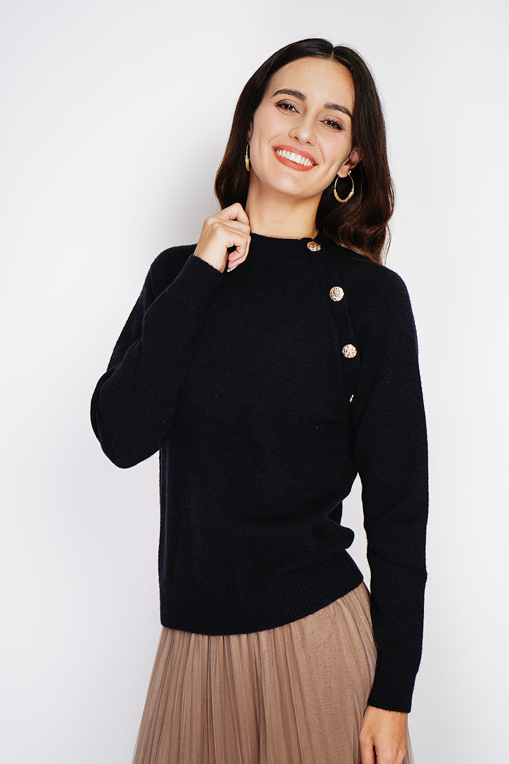 Gilet grand col côtelé boutons fantaisie – Noir – C&Jo