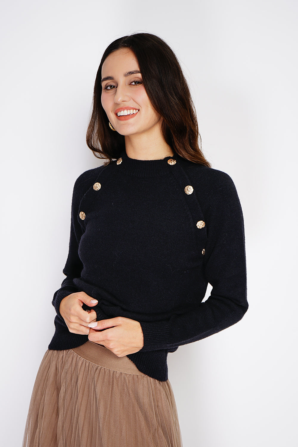 Gilet grand col côtelé boutons fantaisie – Noir – C&Jo