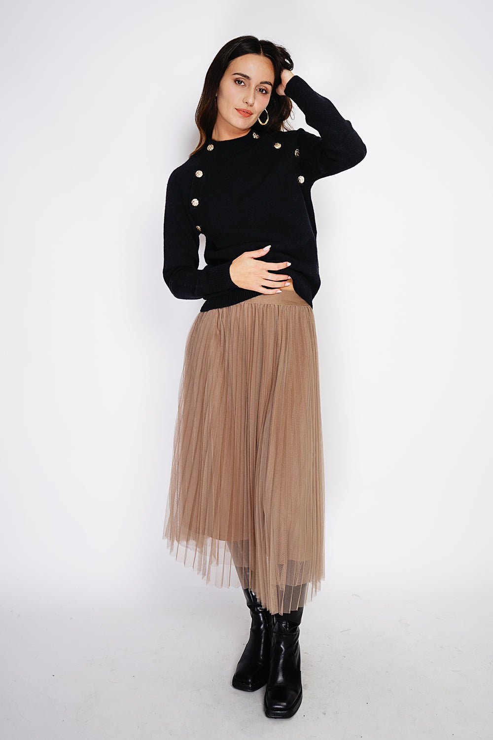 Gilet grand col côtelé boutons fantaisie – Noir – C&Jo