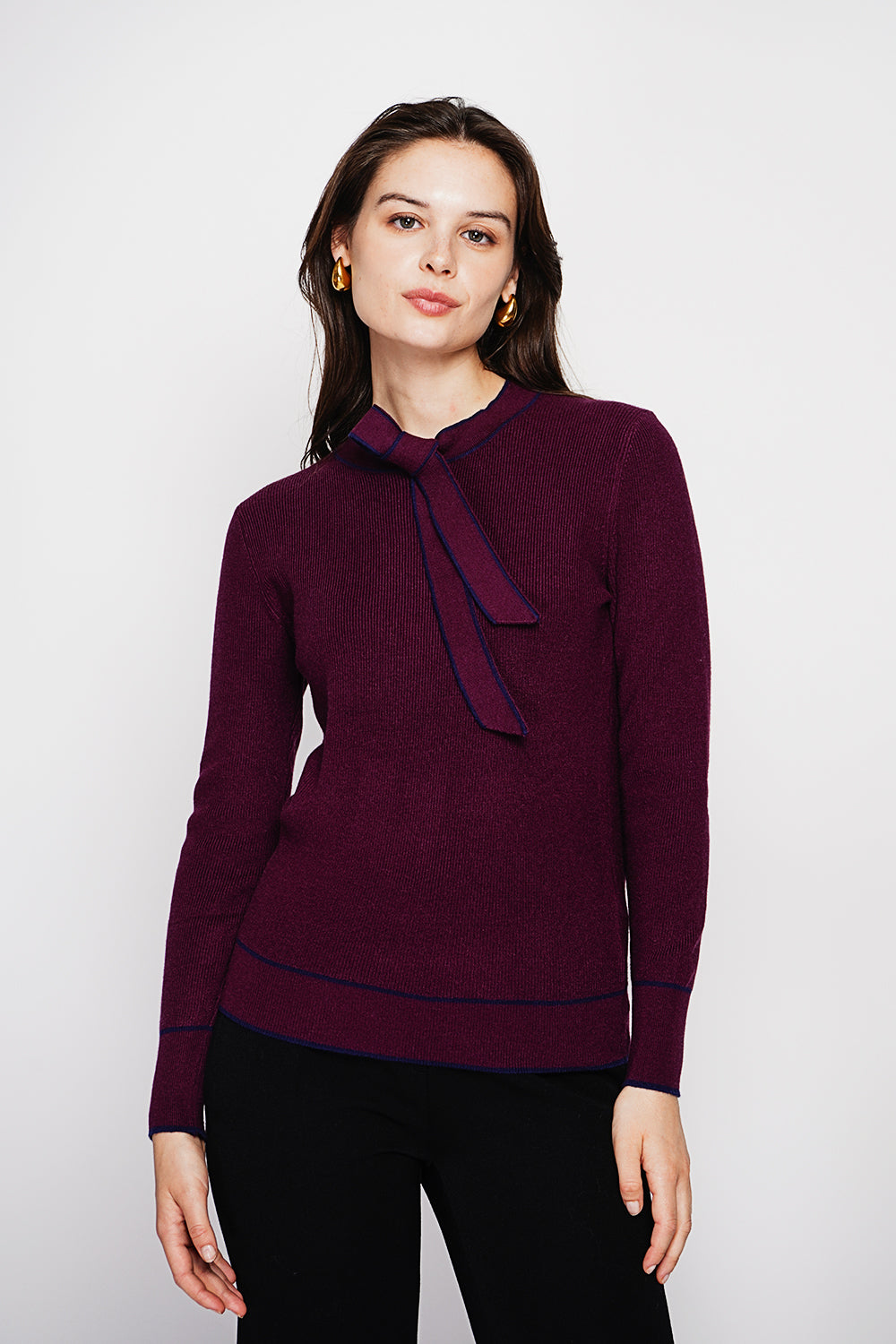 Two-tone V-neck sweater with knot and long sleeves – Wine red – C&Jo