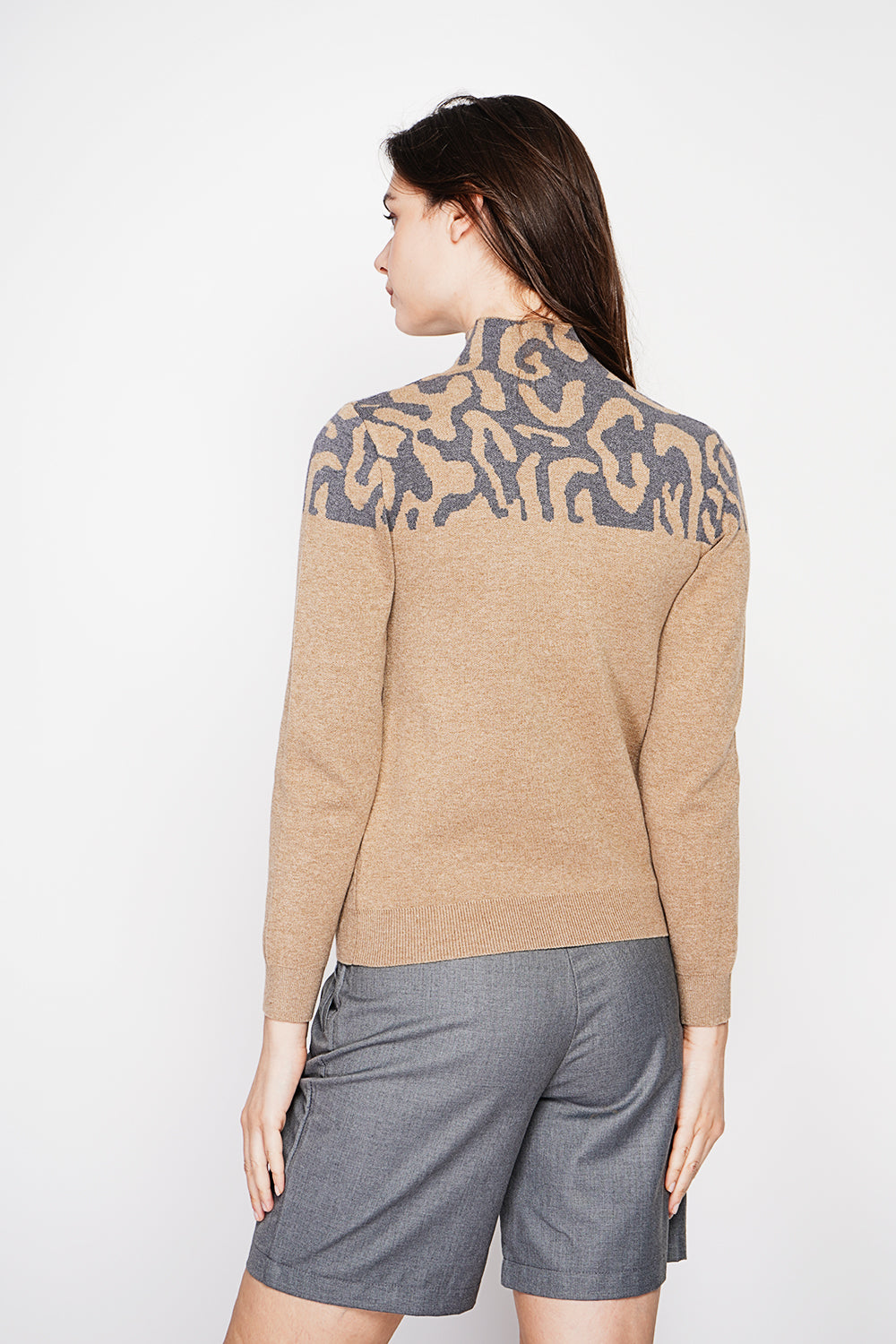 Leopard Knitted High Neck Sweater with Long Sleeves