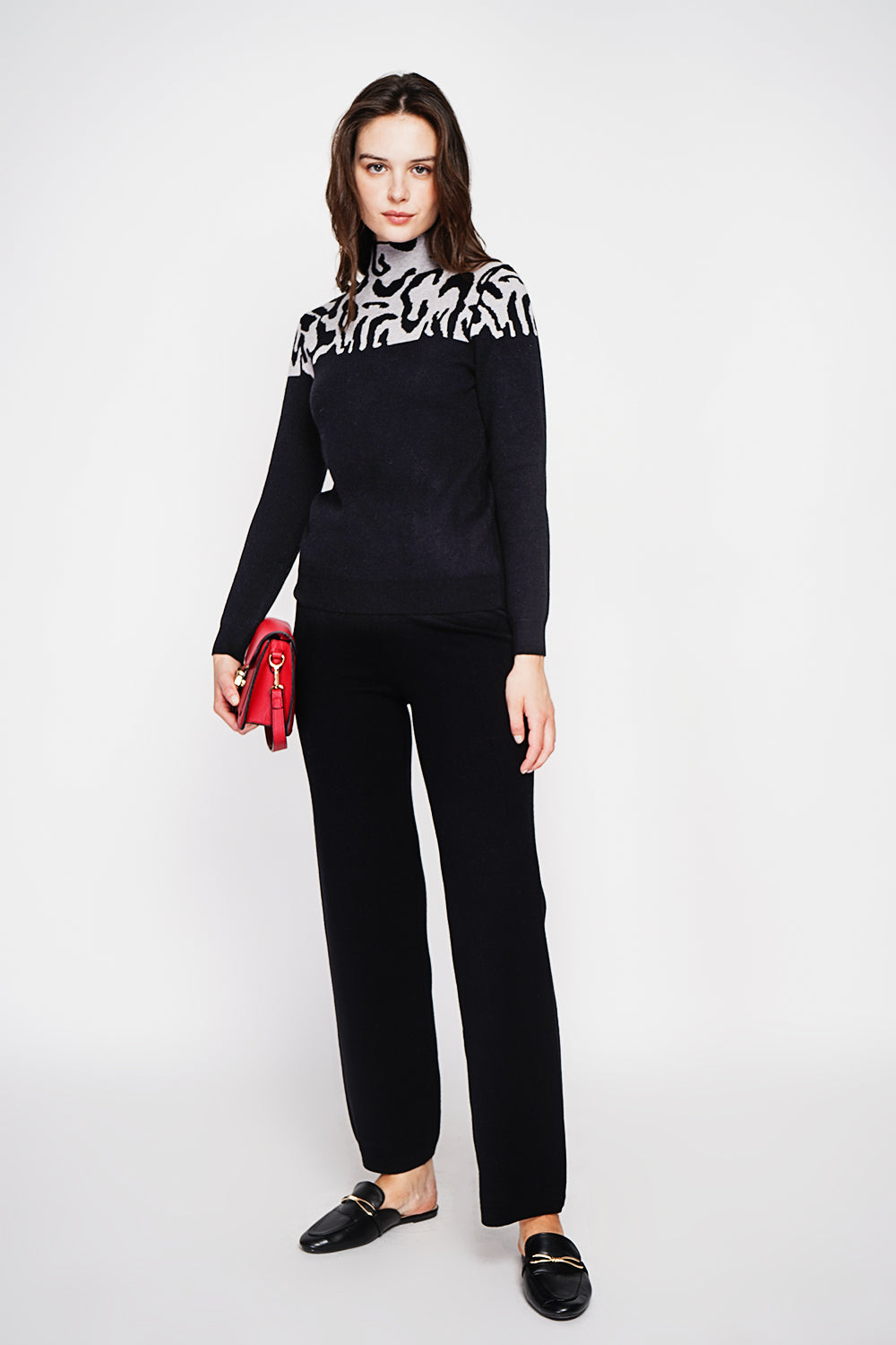 Leopard Knitted High Neck Sweater with Long Sleeves