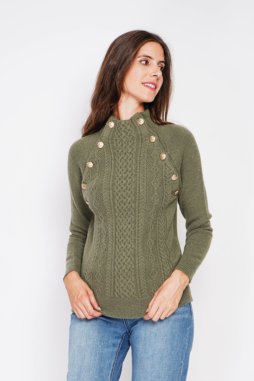 High-neck sweater with 2-ribbed buttoning and long sleeves