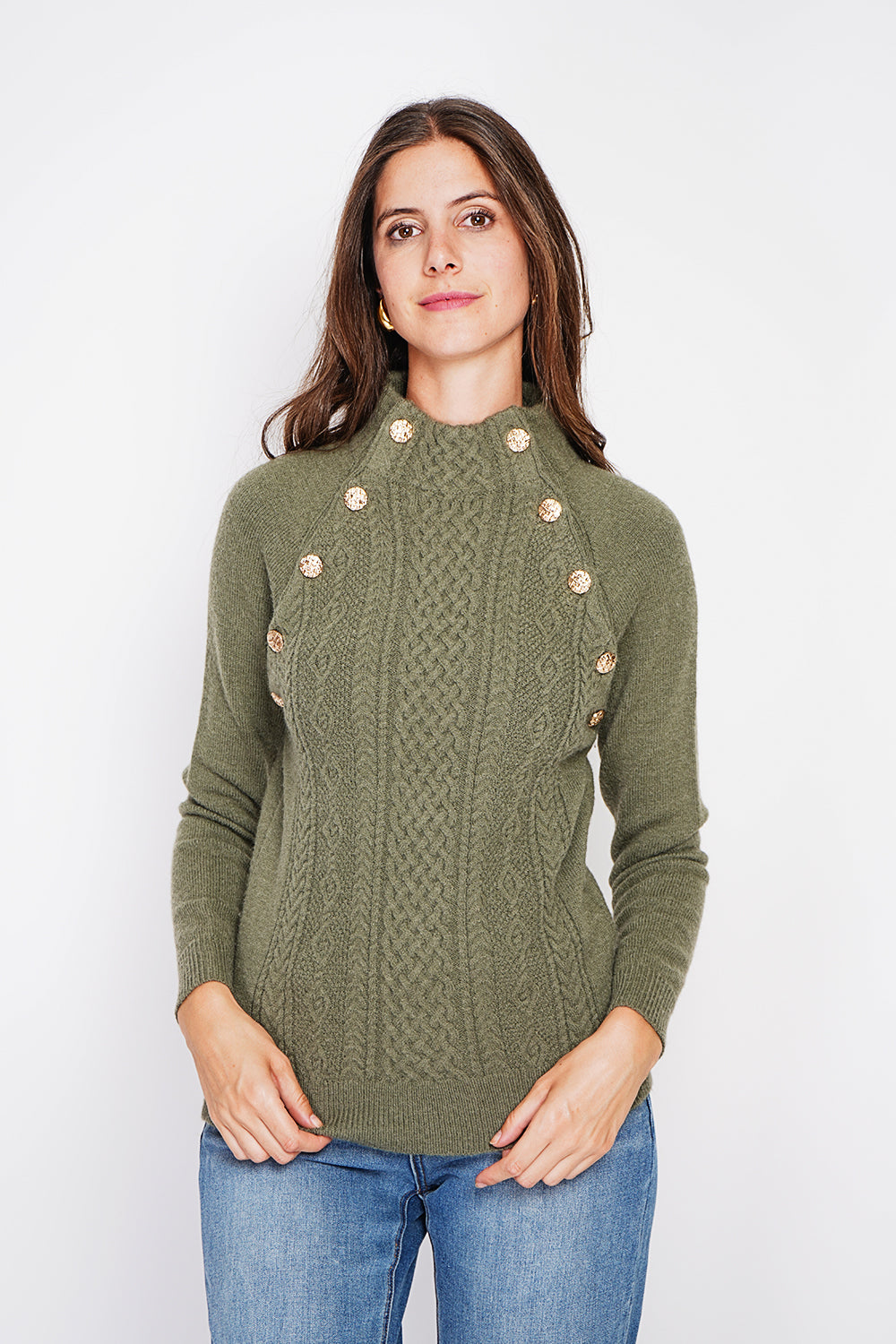 High-neck sweater with 2-ribbed buttoning and long sleeves