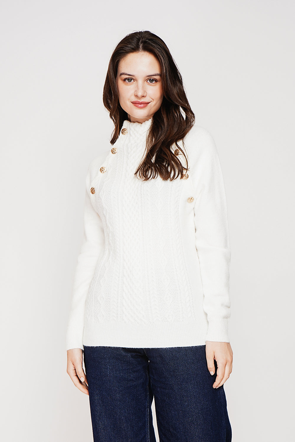High-neck sweater with 2-ribbed buttoning and long sleeves