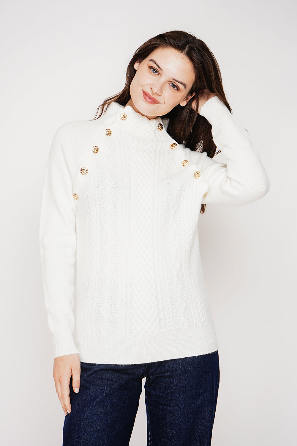 Pull col montant boutonné – Blanc cassé – C&Jo