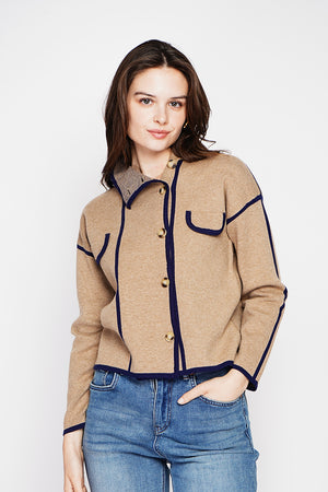 Two-tone stand-up collar jacket with long sleeves