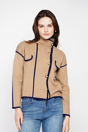 Two-tone stand-up collar jacket with long sleeves